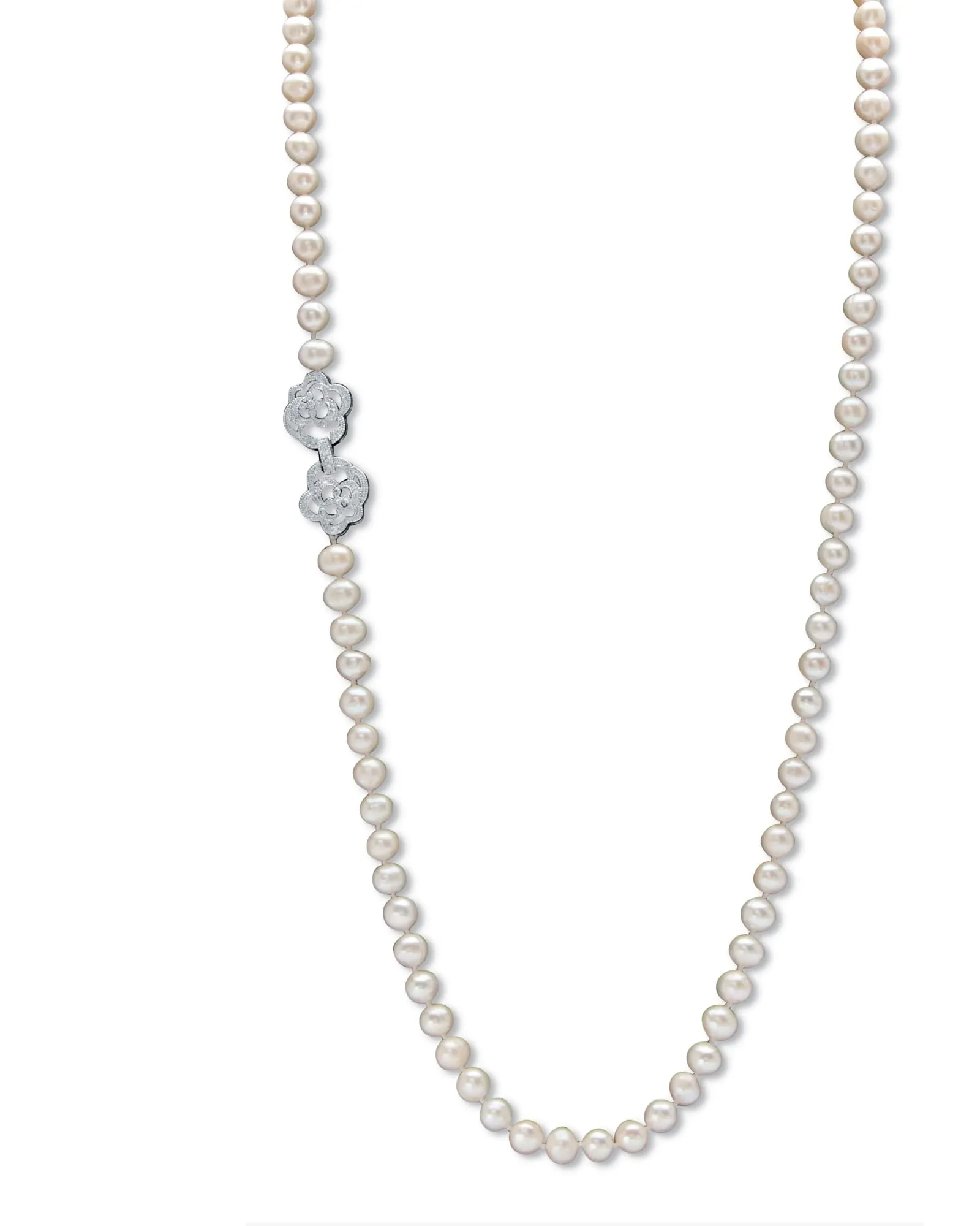 1.42 Cttw. White Genuine Pearl Necklace W/Cubic Zirconia Clasp Silvertone 32" | White