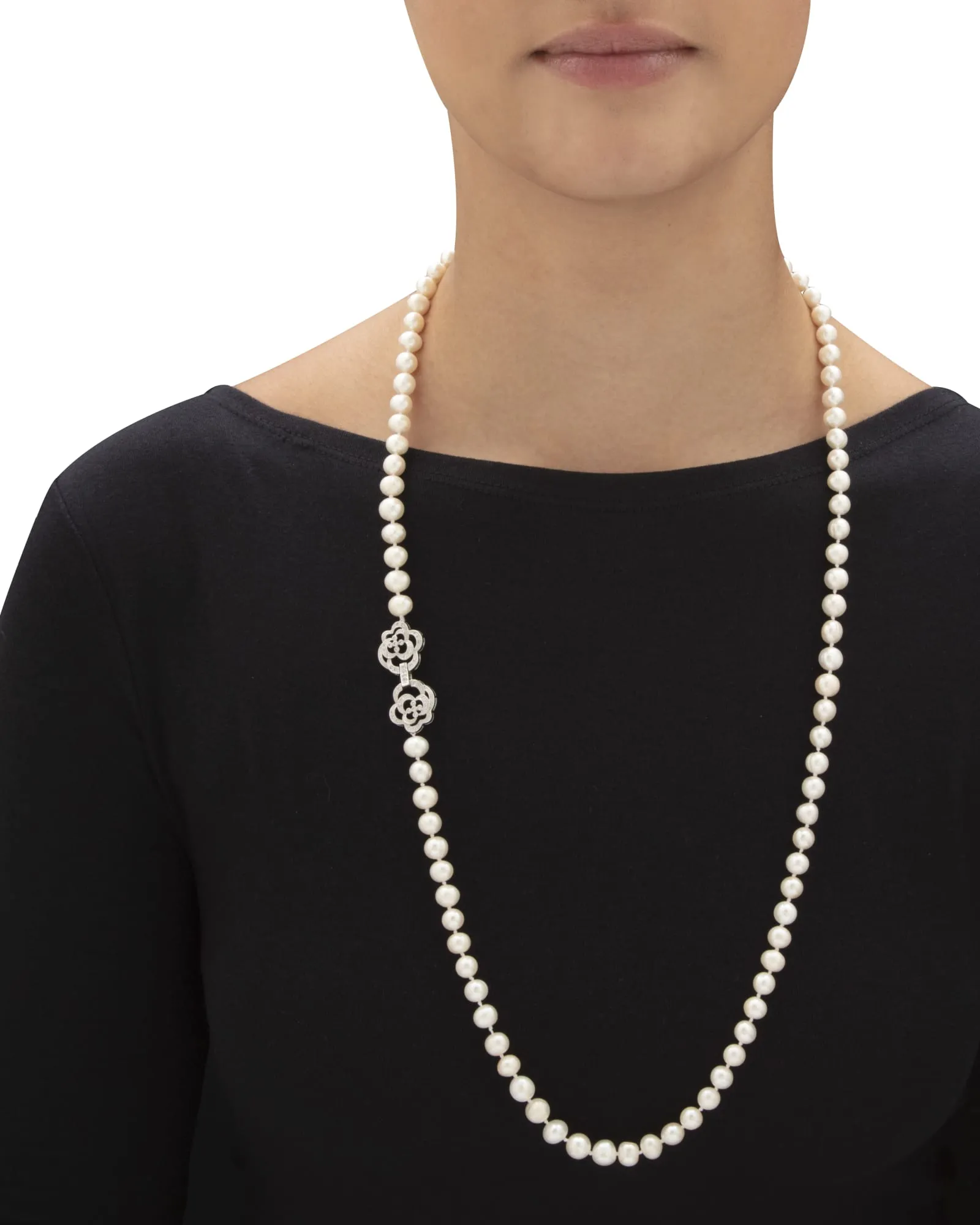 1.42 Cttw. White Genuine Pearl Necklace W/Cubic Zirconia Clasp Silvertone 32" | White