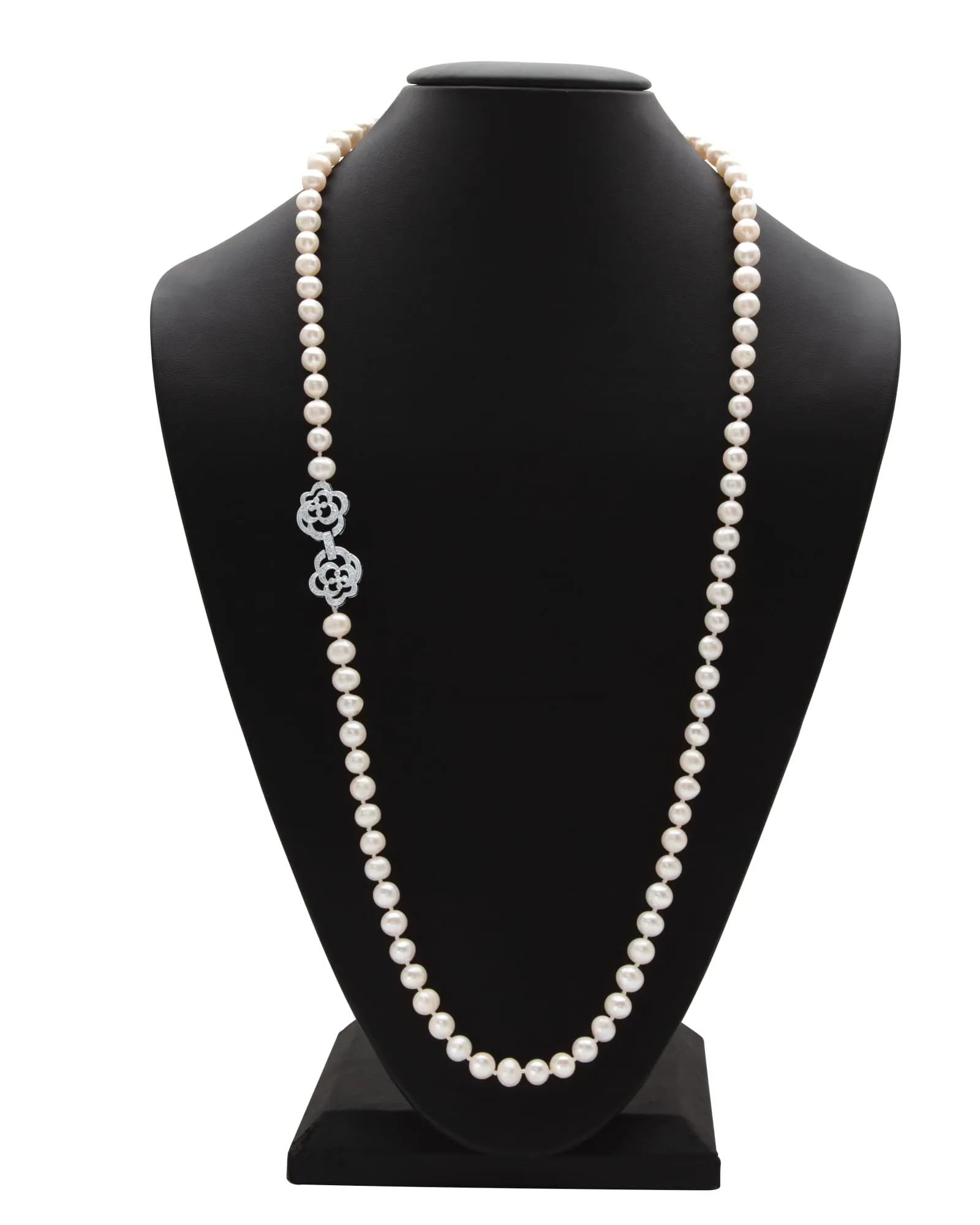 1.42 Cttw. White Genuine Pearl Necklace W/Cubic Zirconia Clasp Silvertone 32" | White