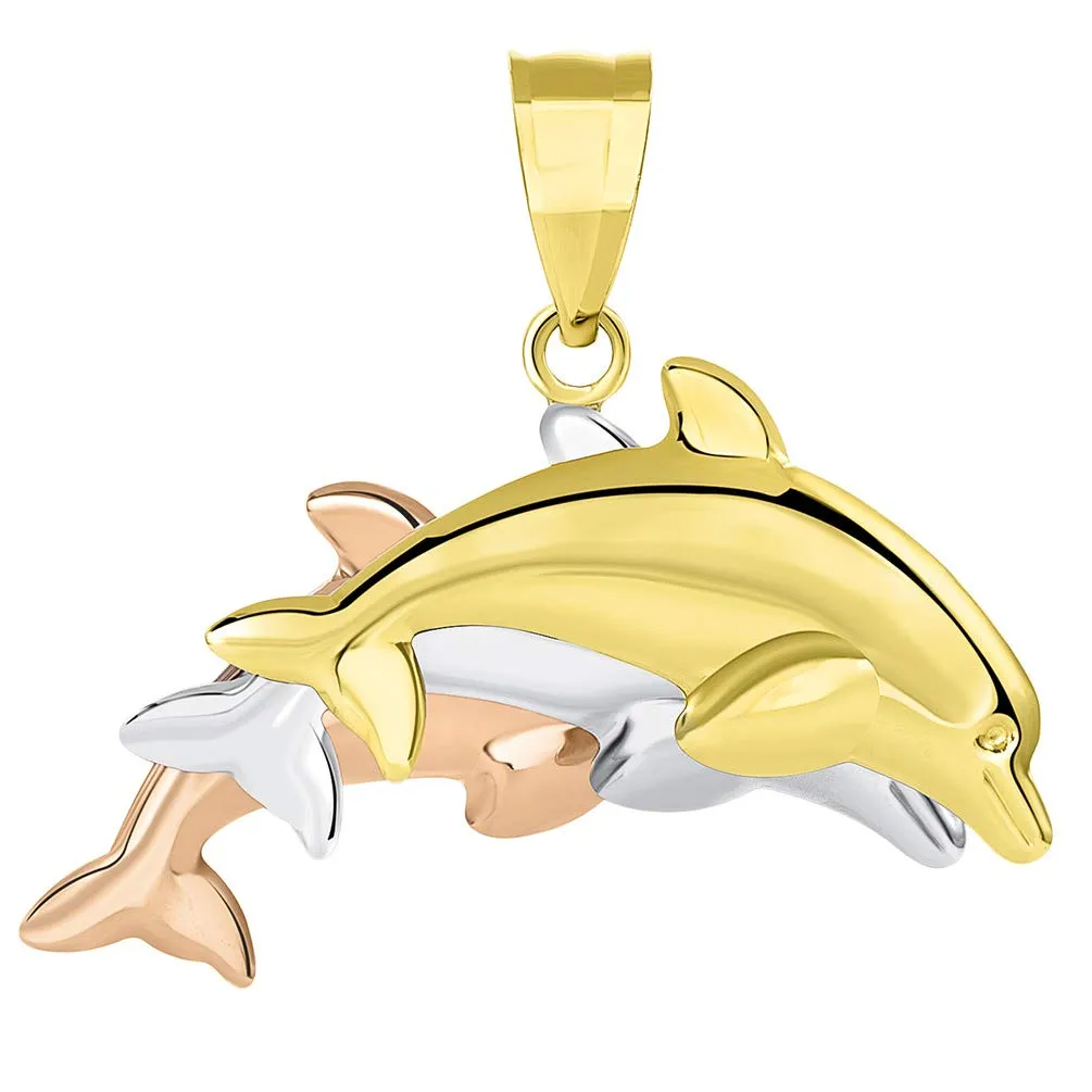 14k Tri-Color Gold 3D Three Dolphins Jumping Together Pendant