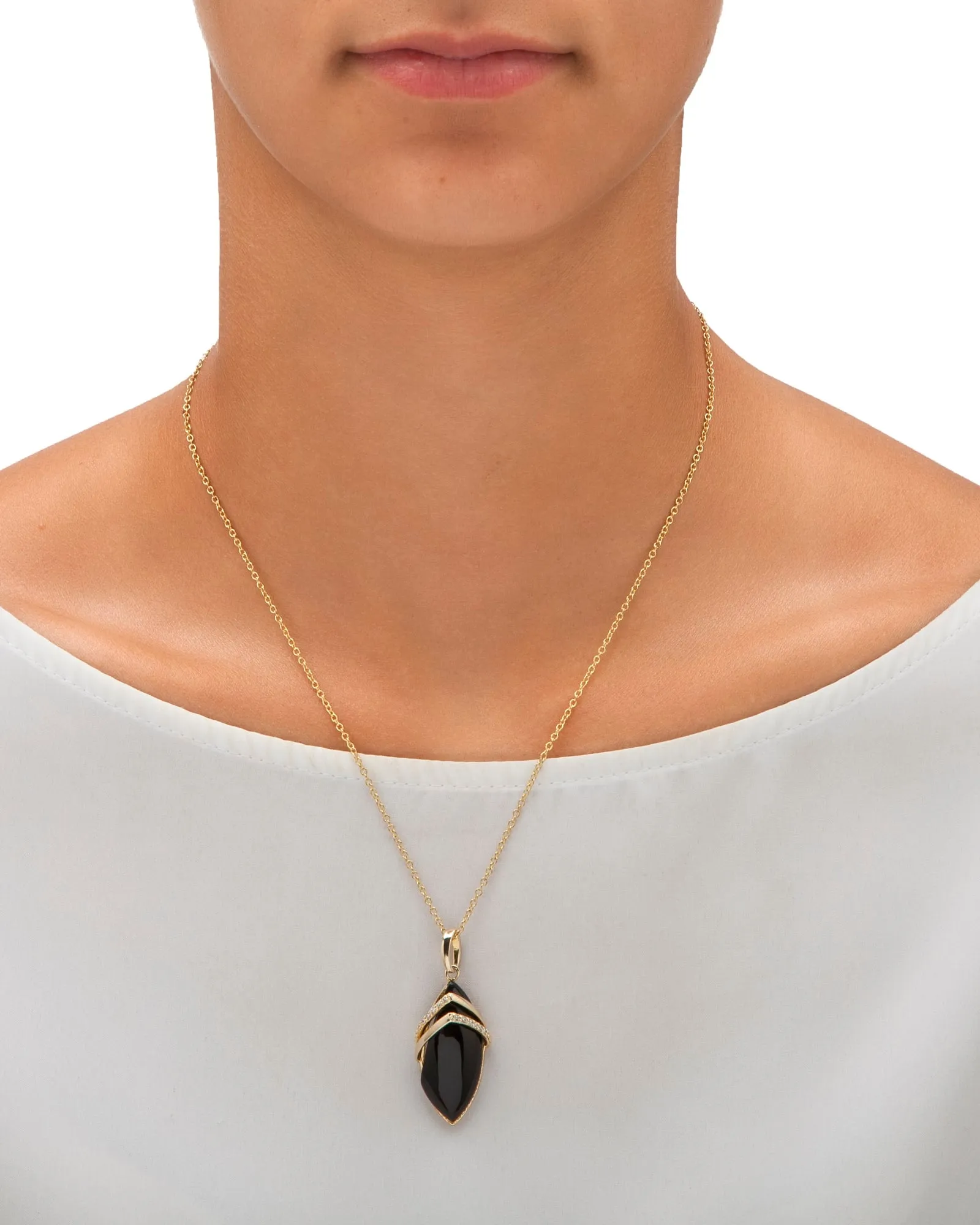 .15 TCW Marquise-Shaped Genuine Onyx and CZ Pendant Necklace 18k Gold-Plated 18" | Black