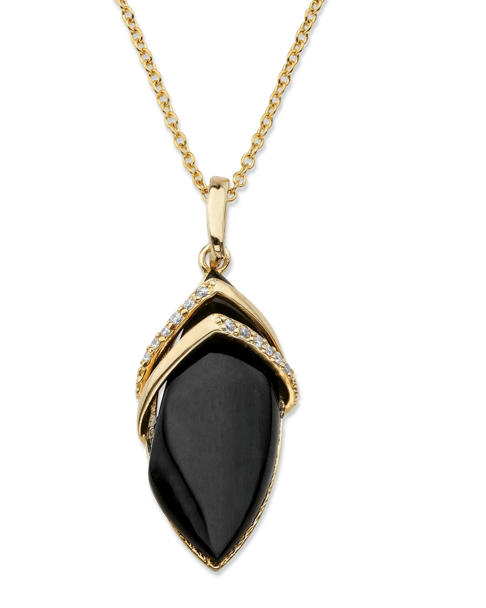 .15 TCW Marquise-Shaped Genuine Onyx and CZ Pendant Necklace 18k Gold-Plated 18" | Black