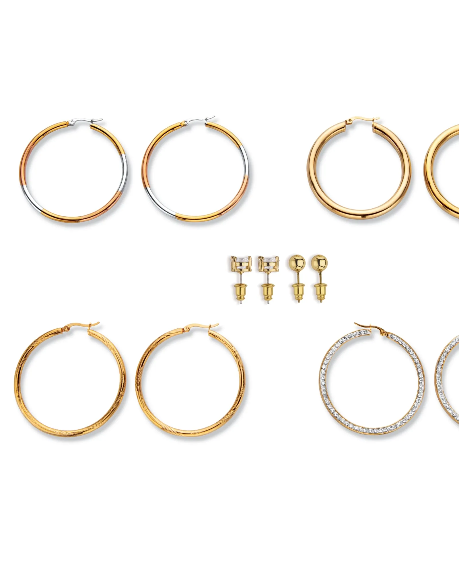 4 Cttw. 6-Pair CZ Stud & Hoop Set Goldtone & Gold Ion Plated Stainless Steel | White