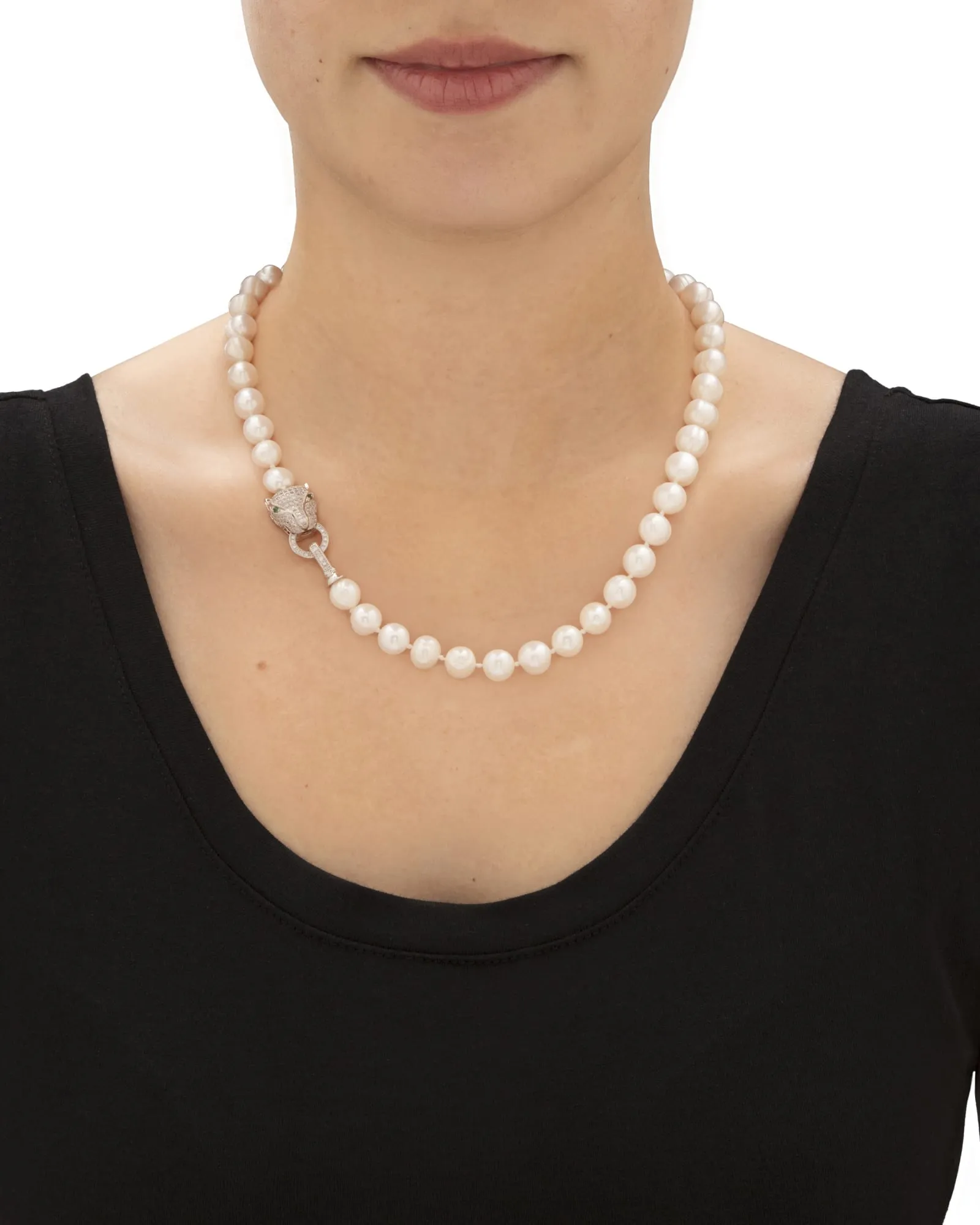 .55 Cttw. White Genuine Pearl Necklace Pave CZ Panther Silvertone 18" Length | White