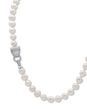 .55 Cttw. White Genuine Pearl Necklace Pave CZ Panther Silvertone 18" Length | White