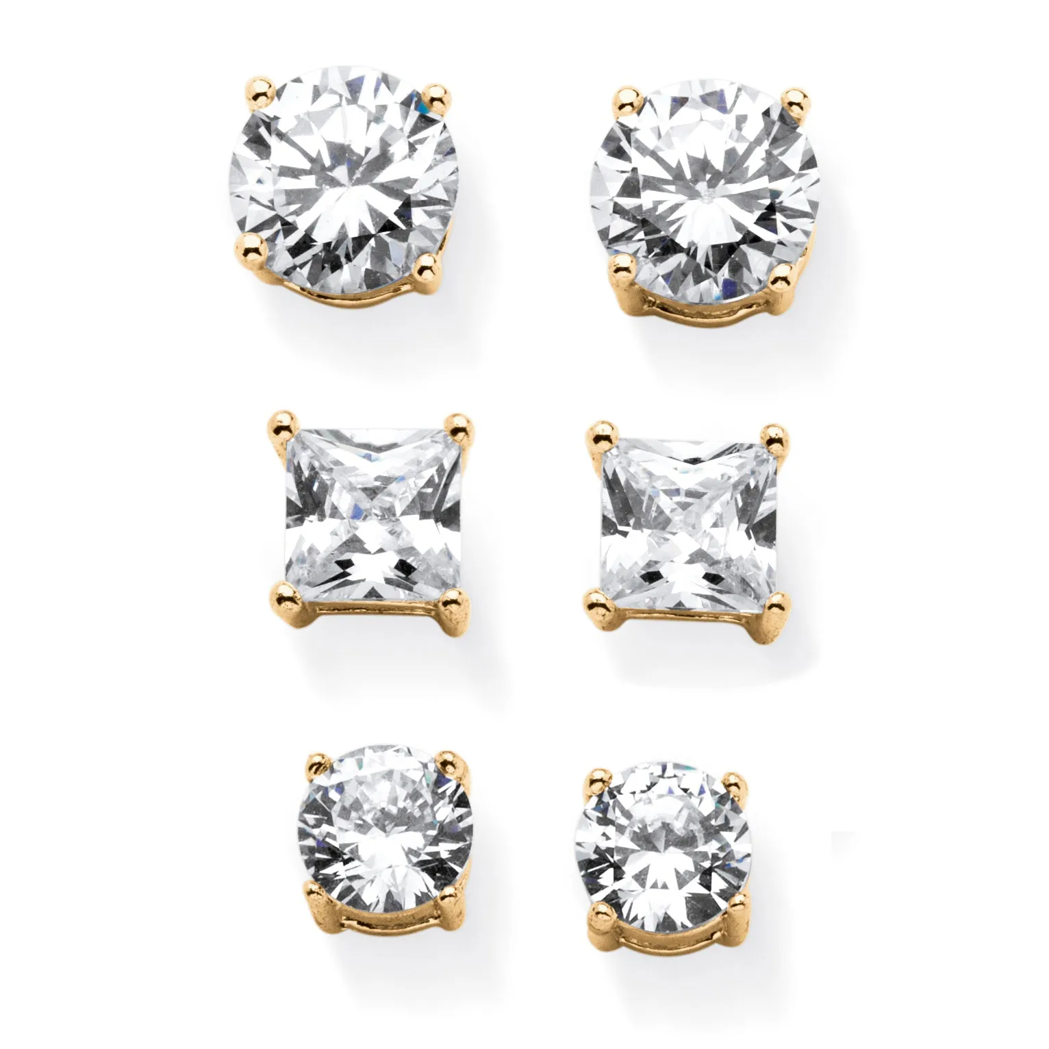 9.20 TCW Round and Princess-Cut Cubic Zirconia Goldtone 3-Pair Stud Earring Set | White