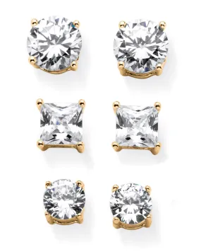 9.20 TCW Round and Princess-Cut Cubic Zirconia Goldtone 3-Pair Stud Earring Set | White