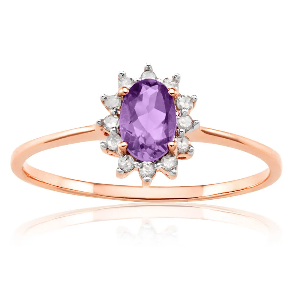 9ct Rose Gold 6x4mm Amethyst   0.1 Carat Diamond Ring