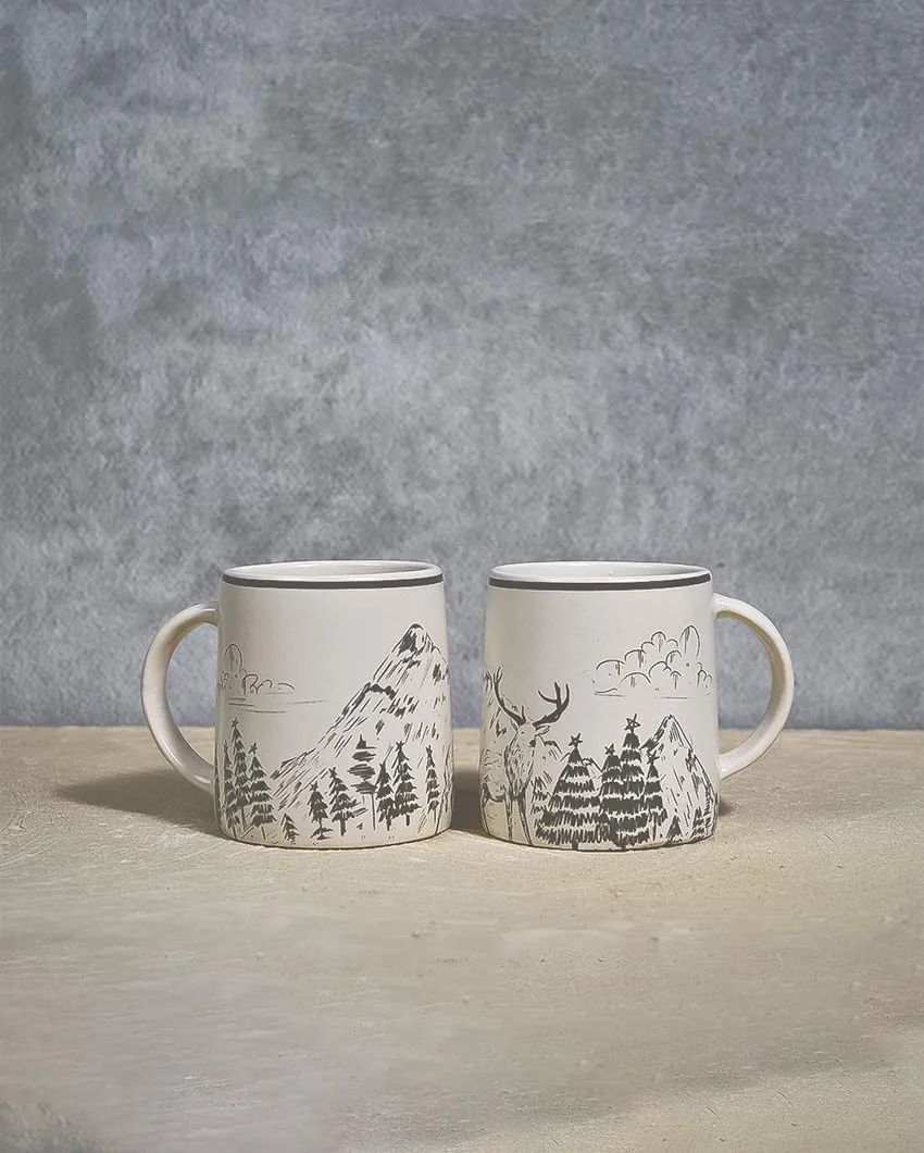 Almiro Tree Ceramic Winter Reindeer Coffee Mugs | Set of 2 | 260 ml