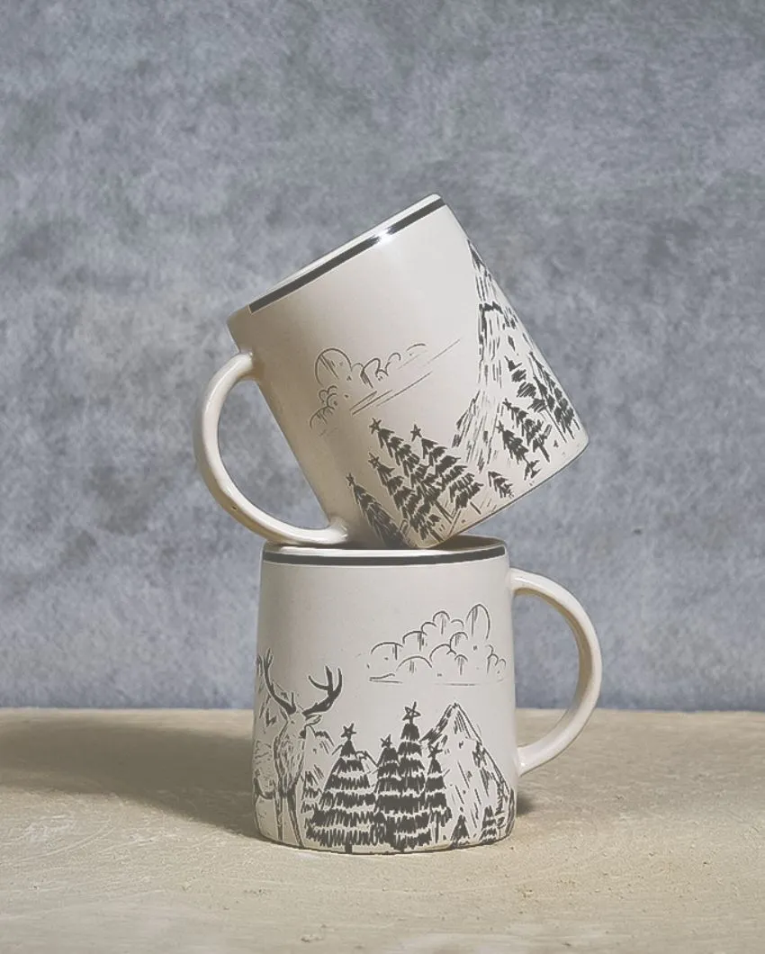 Almiro Tree Ceramic Winter Reindeer Coffee Mugs | Set of 2 | 260 ml