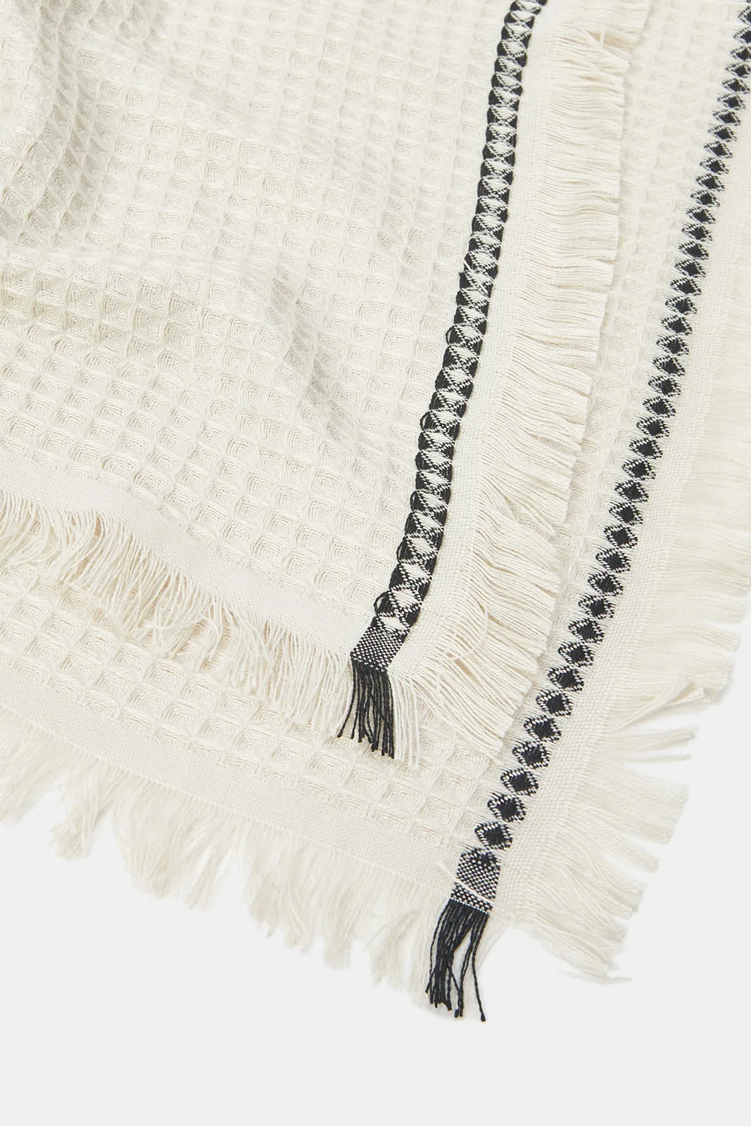 Beige Waffle Throw With Fringe