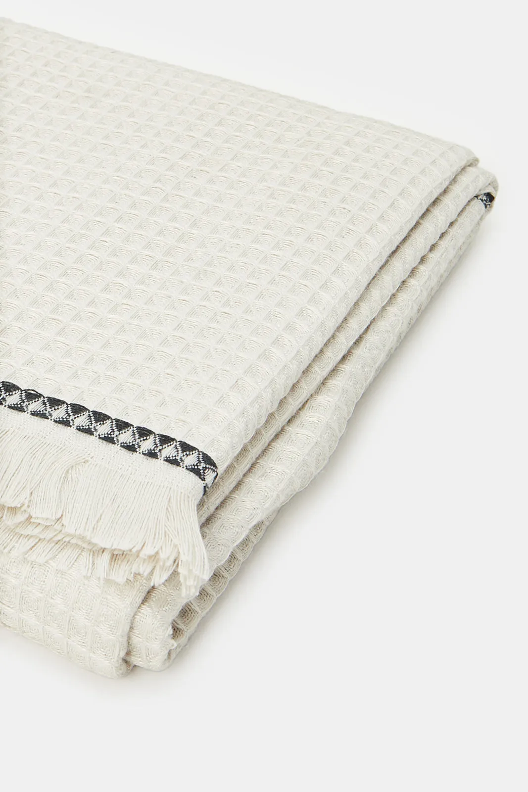 Beige Waffle Throw With Fringe