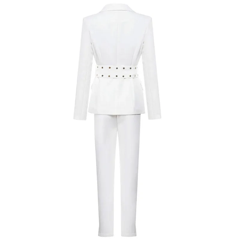 Belted High Waist Collared Long Sleeve Blazer Matching Set - White