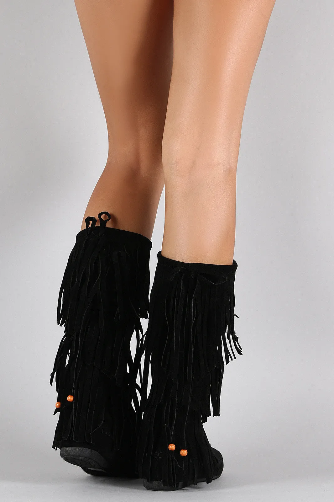 Bow Bead Tiers of Fringe Moccasin Flat Boots