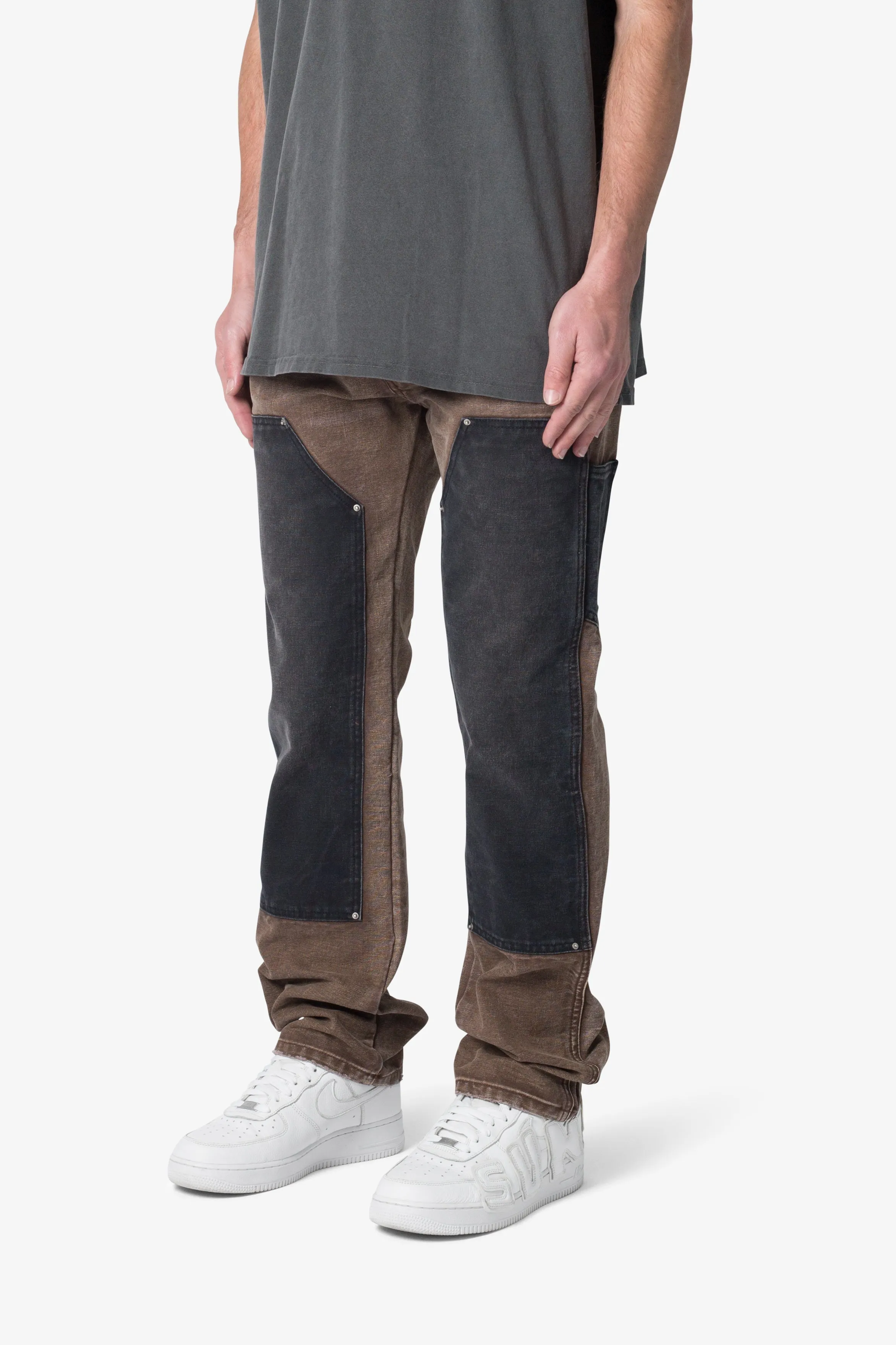 Contrast Double Knee Denim - Brown