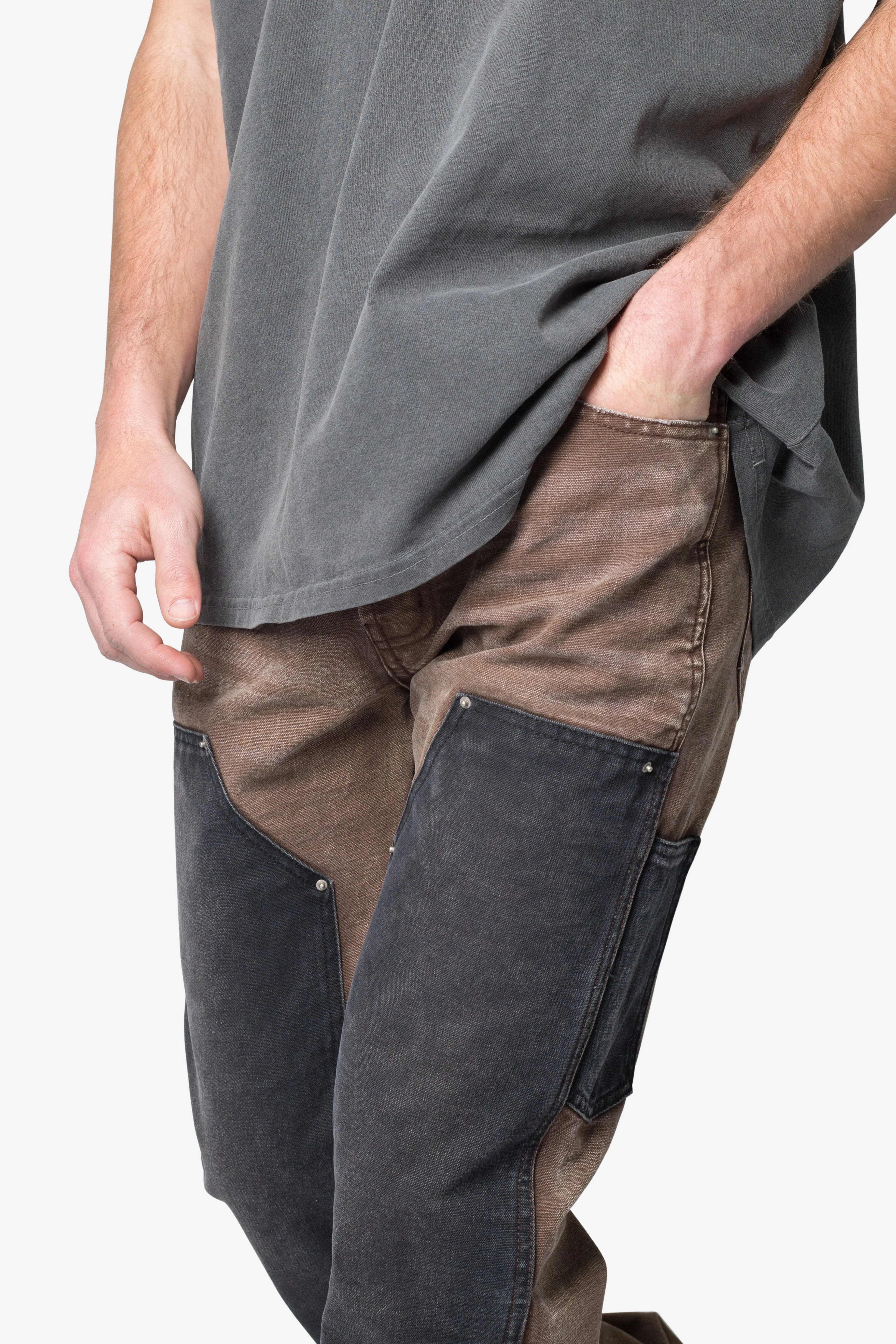 Contrast Double Knee Denim - Brown