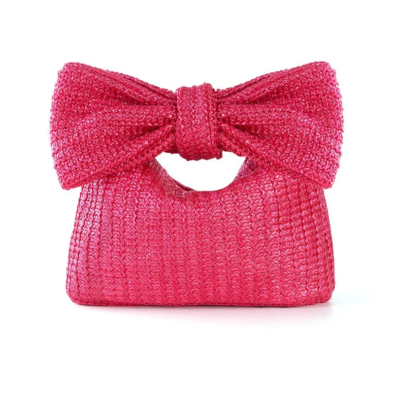 Cute Big Bow Zip Closure Top Handle Raffia Straw Woven Mini Clutch Bag