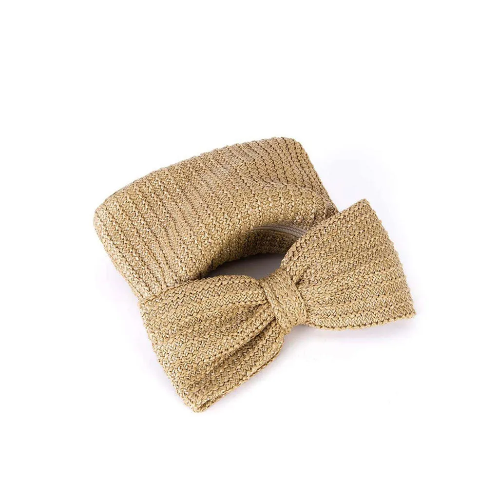 Cute Big Bow Zip Closure Top Handle Raffia Straw Woven Mini Clutch Bag