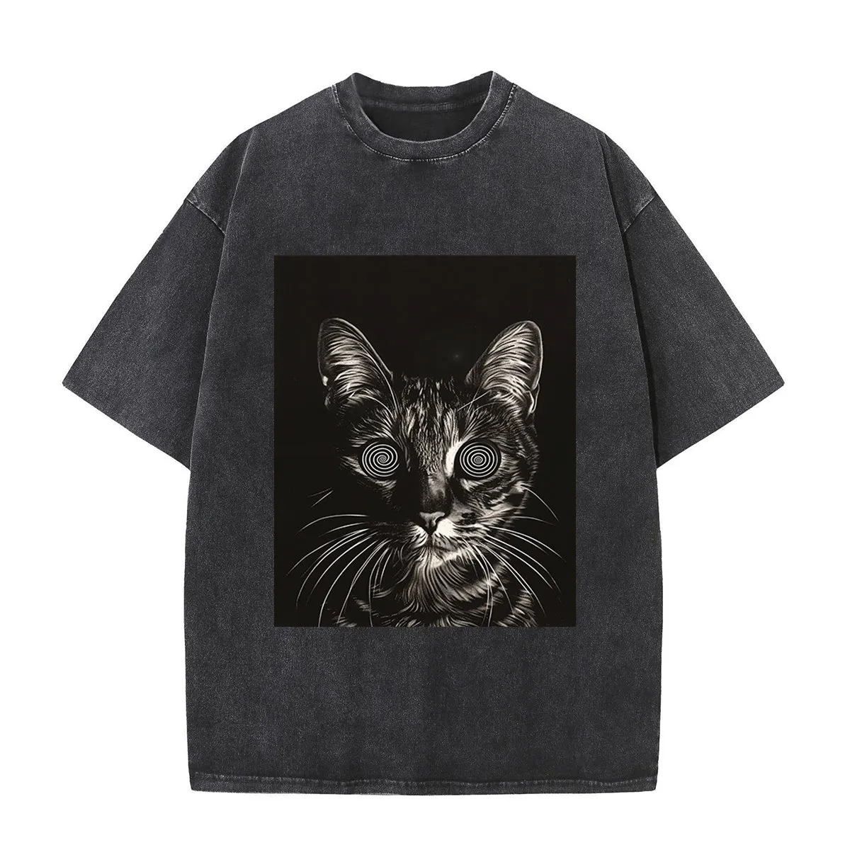 Dizzy Cat Print Washed Dark Aesthetic T-shirt