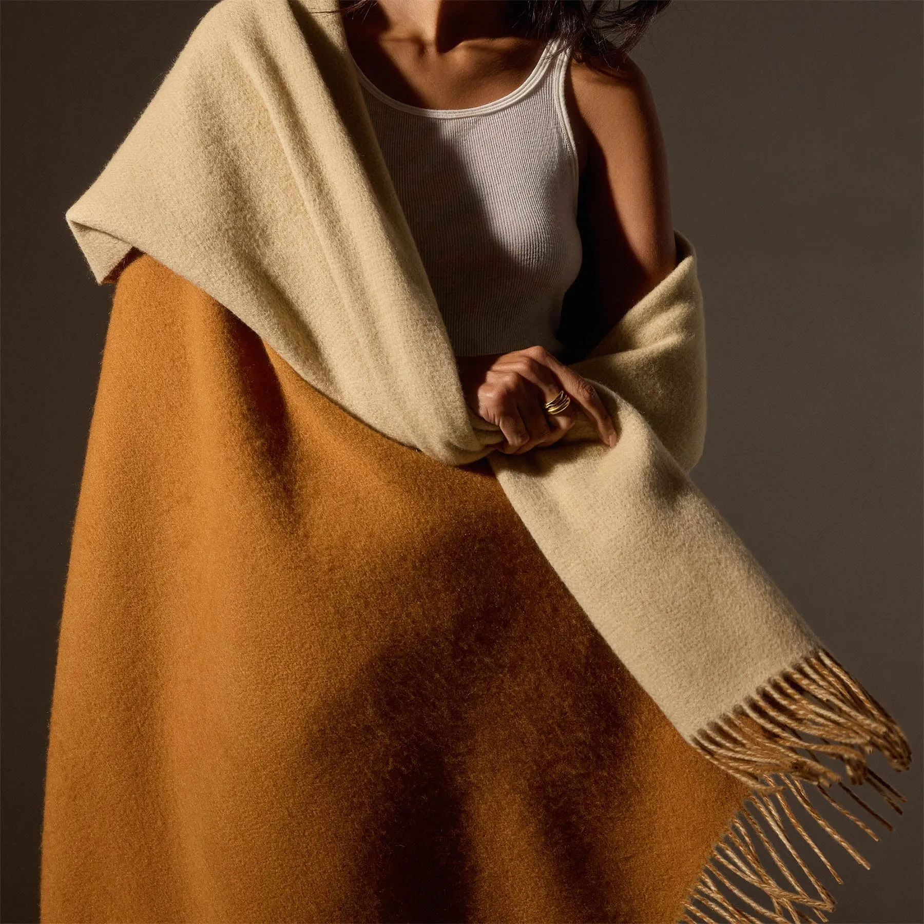 Double Sided Woven Cashmere Blanket w/ Fringe Gift Box - Rust/Ivory