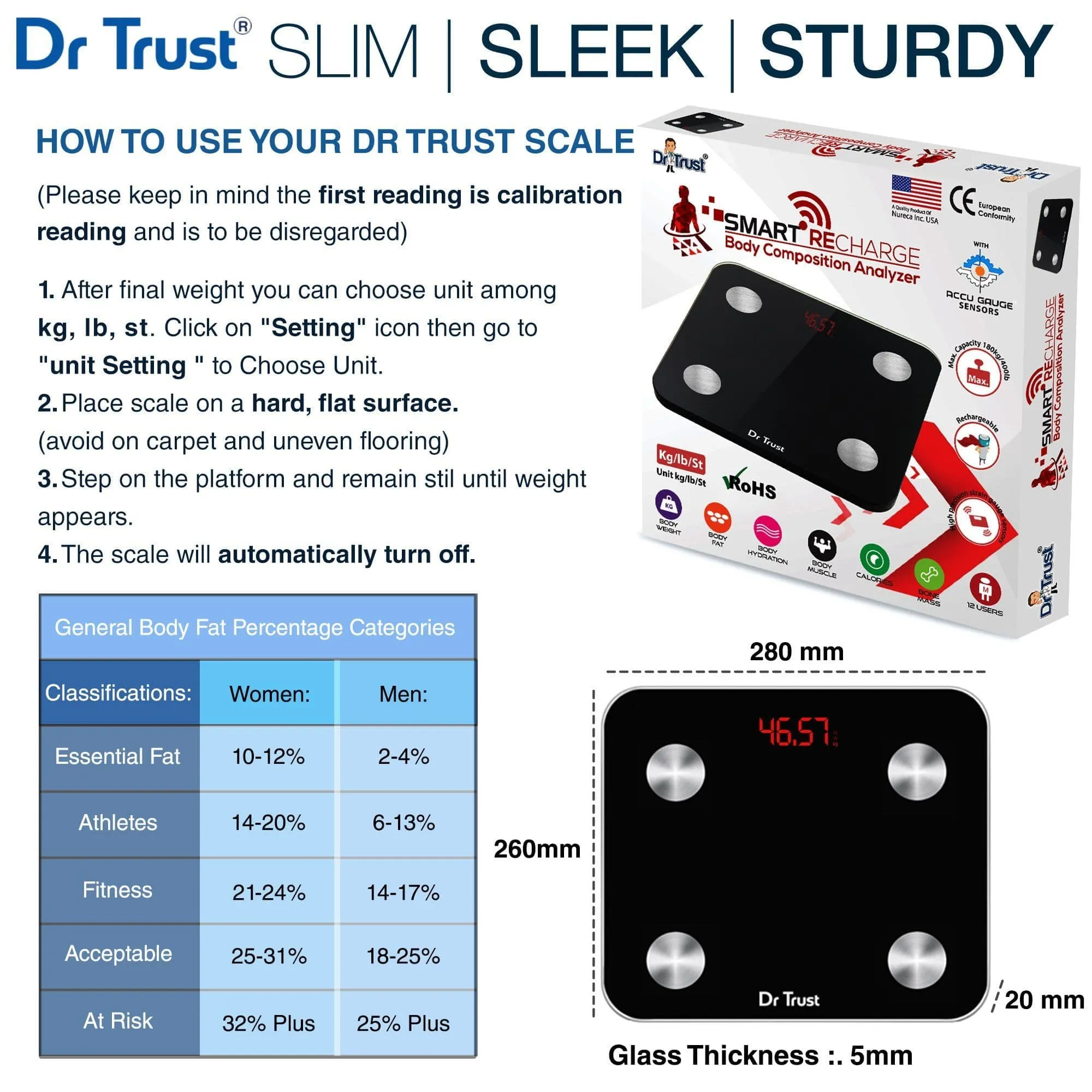 Dr Trust USA Rechargeable Smart Body Composition Analyzer Fat Scale