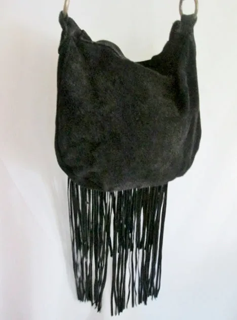 ECOTE suede FRINGE leather hobo satchel shoulder saddle bag BLACK hippie boho