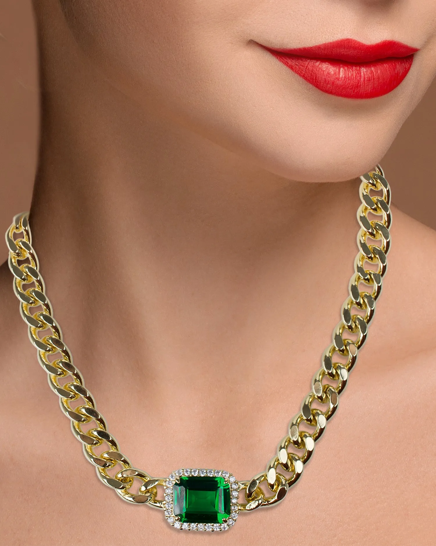 Emerald CZ Chunky Chain Necklace