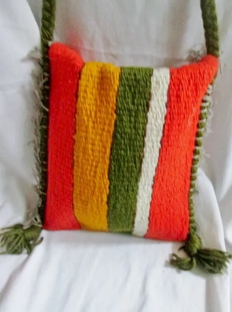 Funky Stripe Kilim Wool Blanket Ethnic Tapestry Carpet Shoulder Bag ORANGE GREEN Fringe