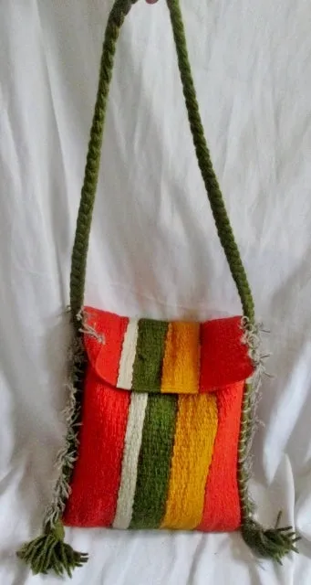 Funky Stripe Kilim Wool Blanket Ethnic Tapestry Carpet Shoulder Bag ORANGE GREEN Fringe