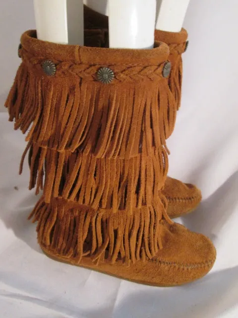 Girls MINNETONKA Suede Fringe Ankle Boots Booties Moccasin Hippie BROWN Shoes 1