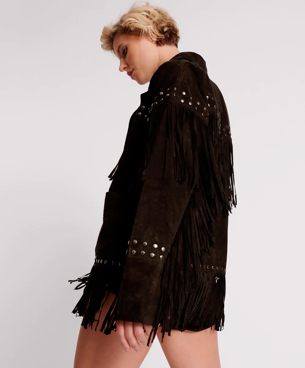 Gothic Rodeo Fringed Suede Studded Jacket - Black