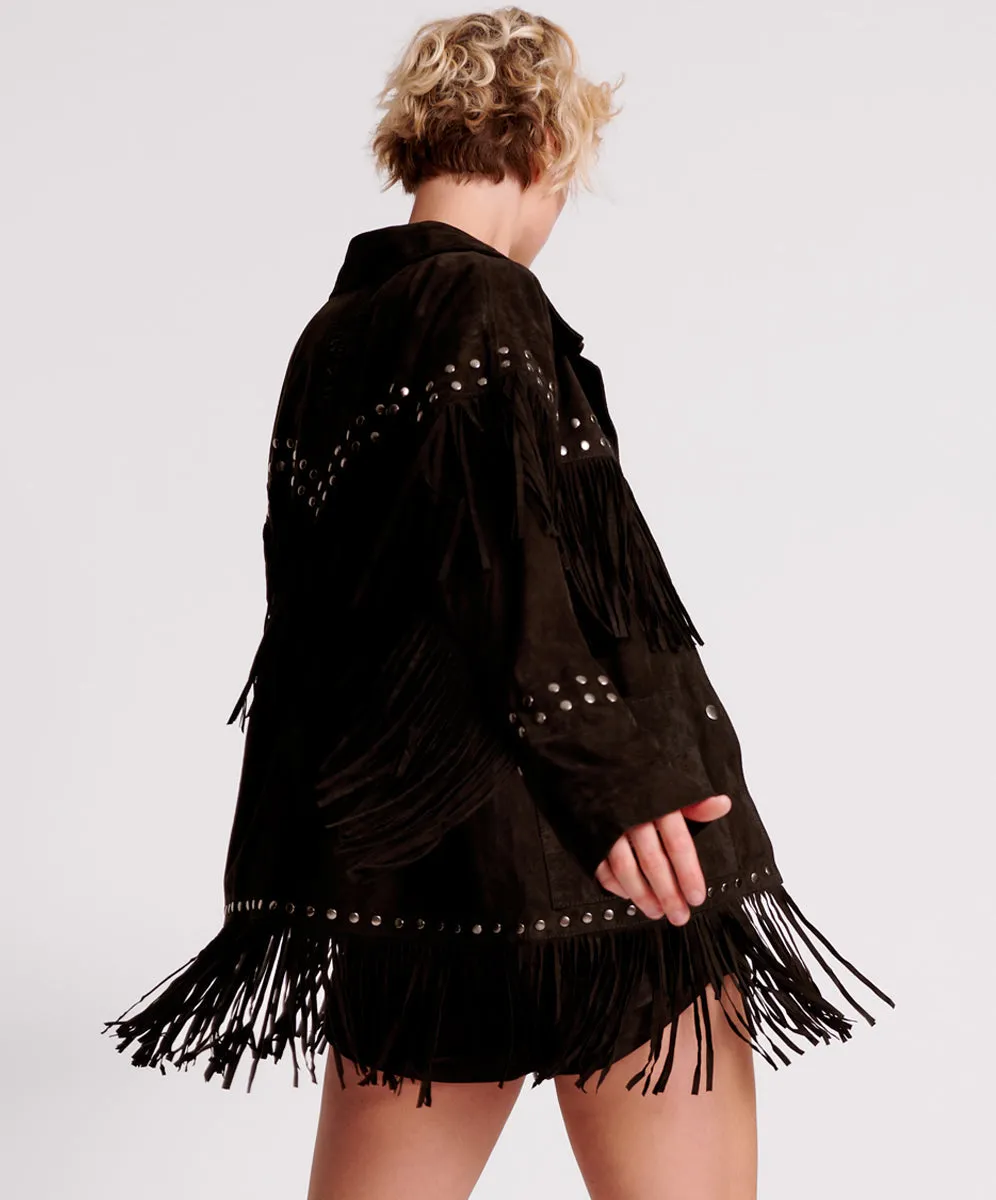 Gothic Rodeo Fringed Suede Studded Jacket - Black