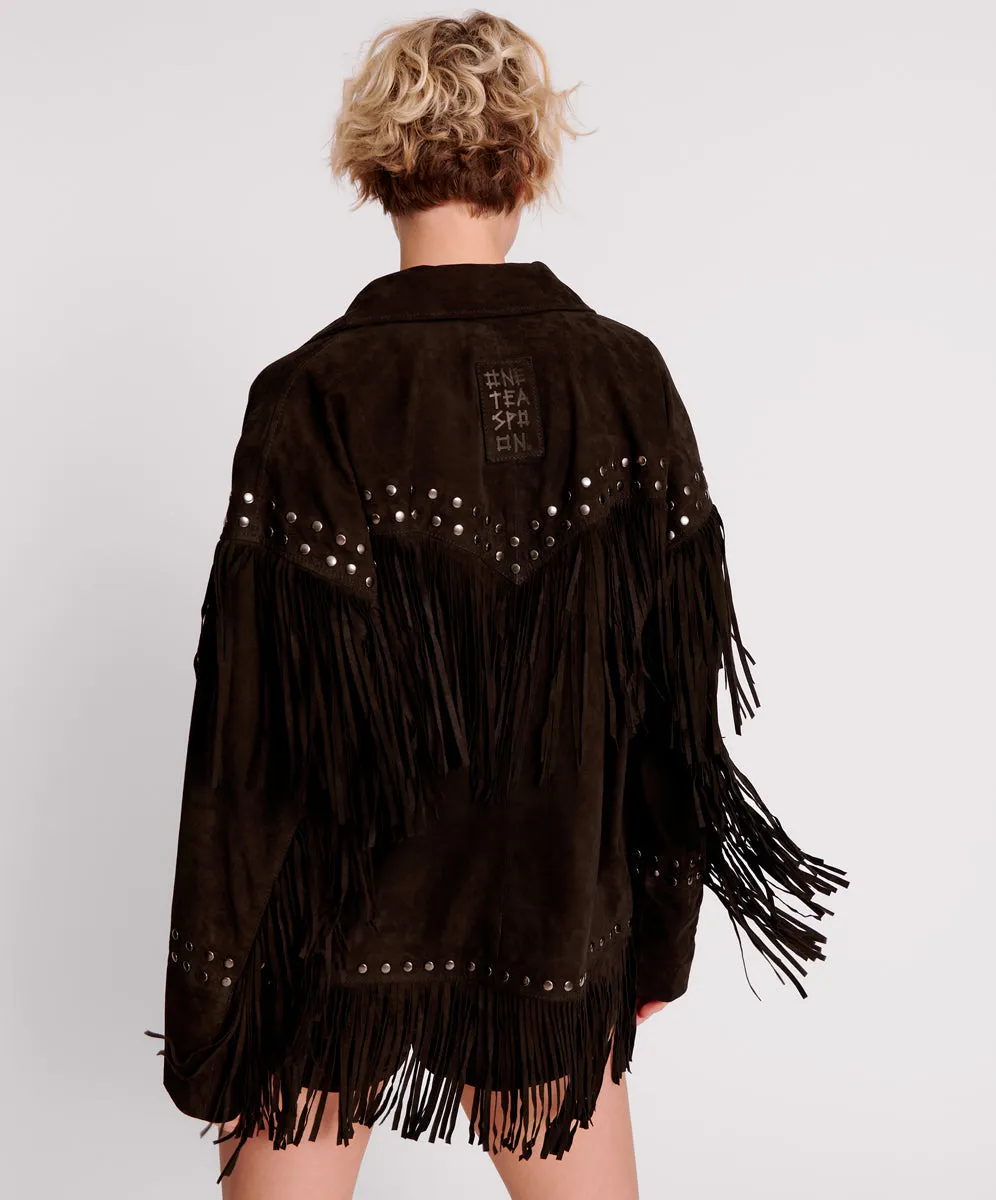 Gothic Rodeo Fringed Suede Studded Jacket - Black