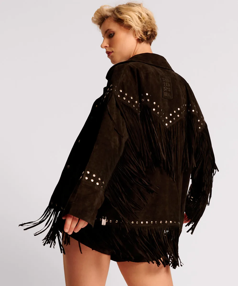 Gothic Rodeo Fringed Suede Studded Jacket - Black