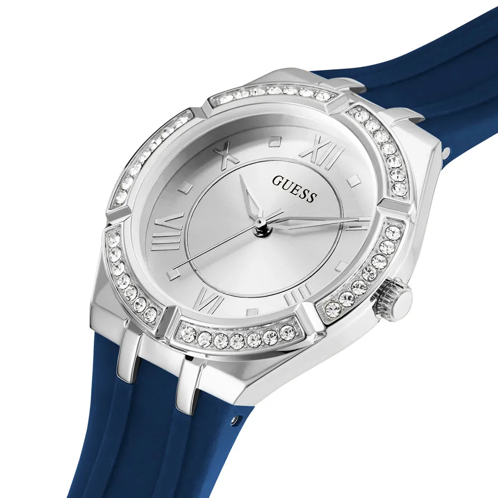 Guess Cosmo Silver Tone Blue Silicone Strap Ladies Watch GW0034L5