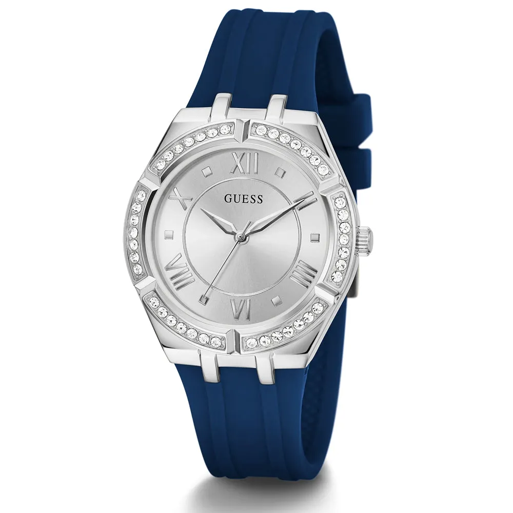 Guess Cosmo Silver Tone Blue Silicone Strap Ladies Watch GW0034L5