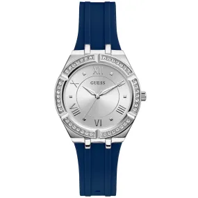 Guess Cosmo Silver Tone Blue Silicone Strap Ladies Watch GW0034L5