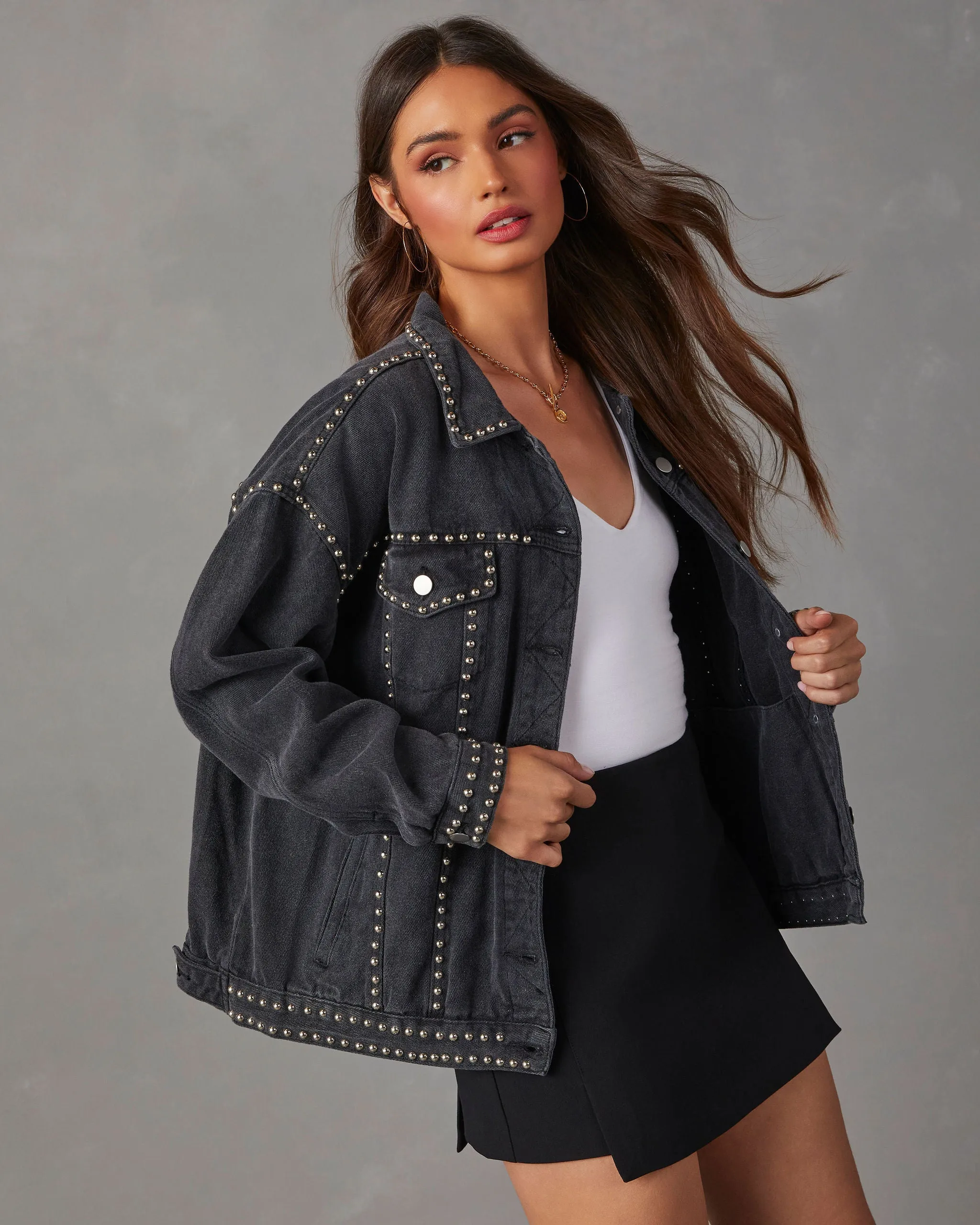 Kind Of A Big Deal Pocketed Studded Denim Jacket