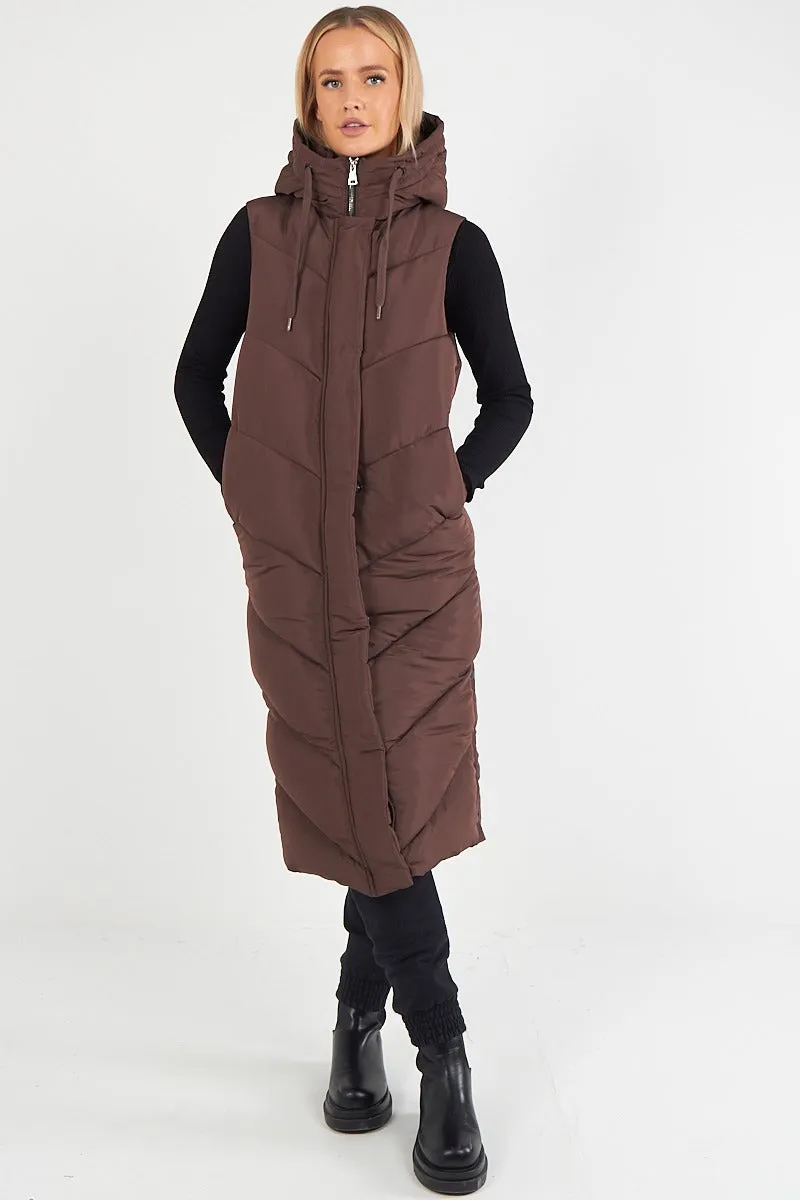 LADIES LONG PADDED HOODED VEST JACKET-CHOCOLATE