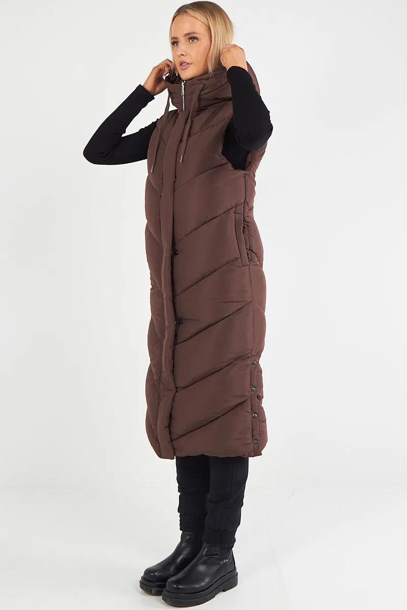 LADIES LONG PADDED HOODED VEST JACKET-CHOCOLATE