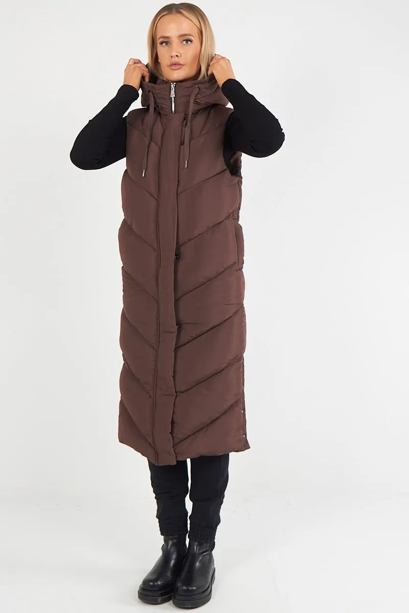 LADIES LONG PADDED HOODED VEST JACKET-CHOCOLATE