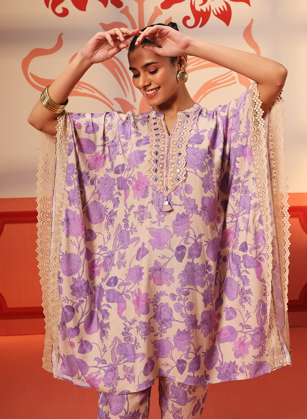 Mahin Mauve Printed Kaftan Kurta Set for Women