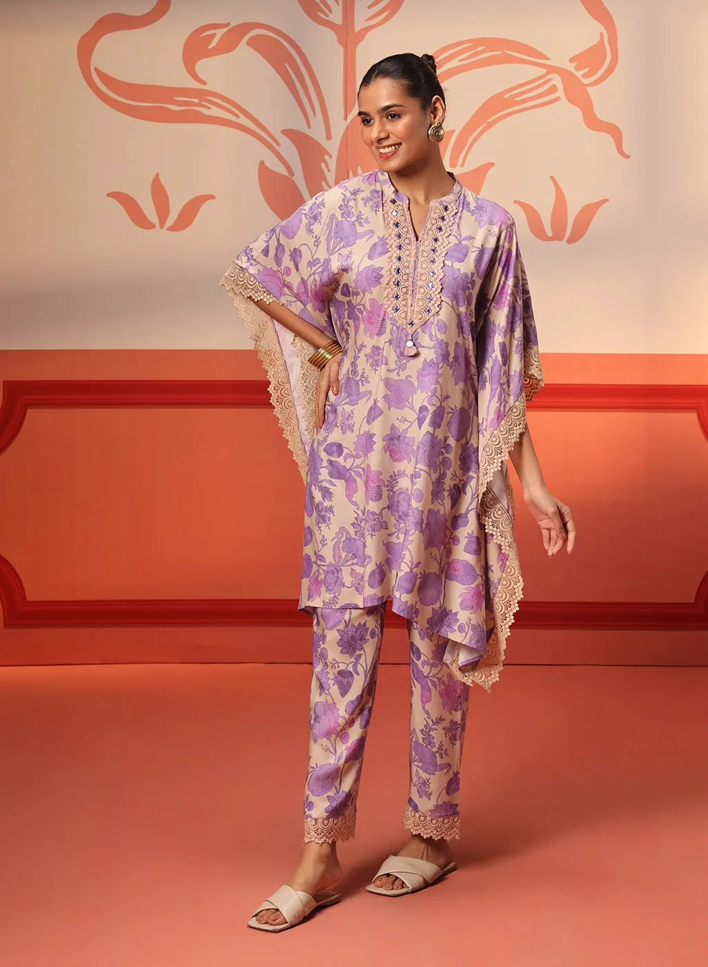 Mahin Mauve Printed Kaftan Kurta Set for Women