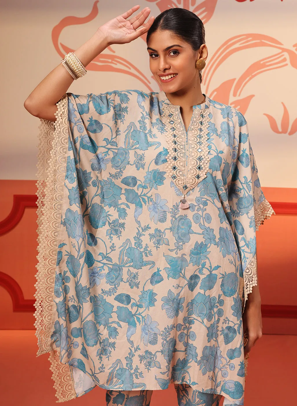 Mahin Smokey Blue Printed Kaftan Kurta Set for Women