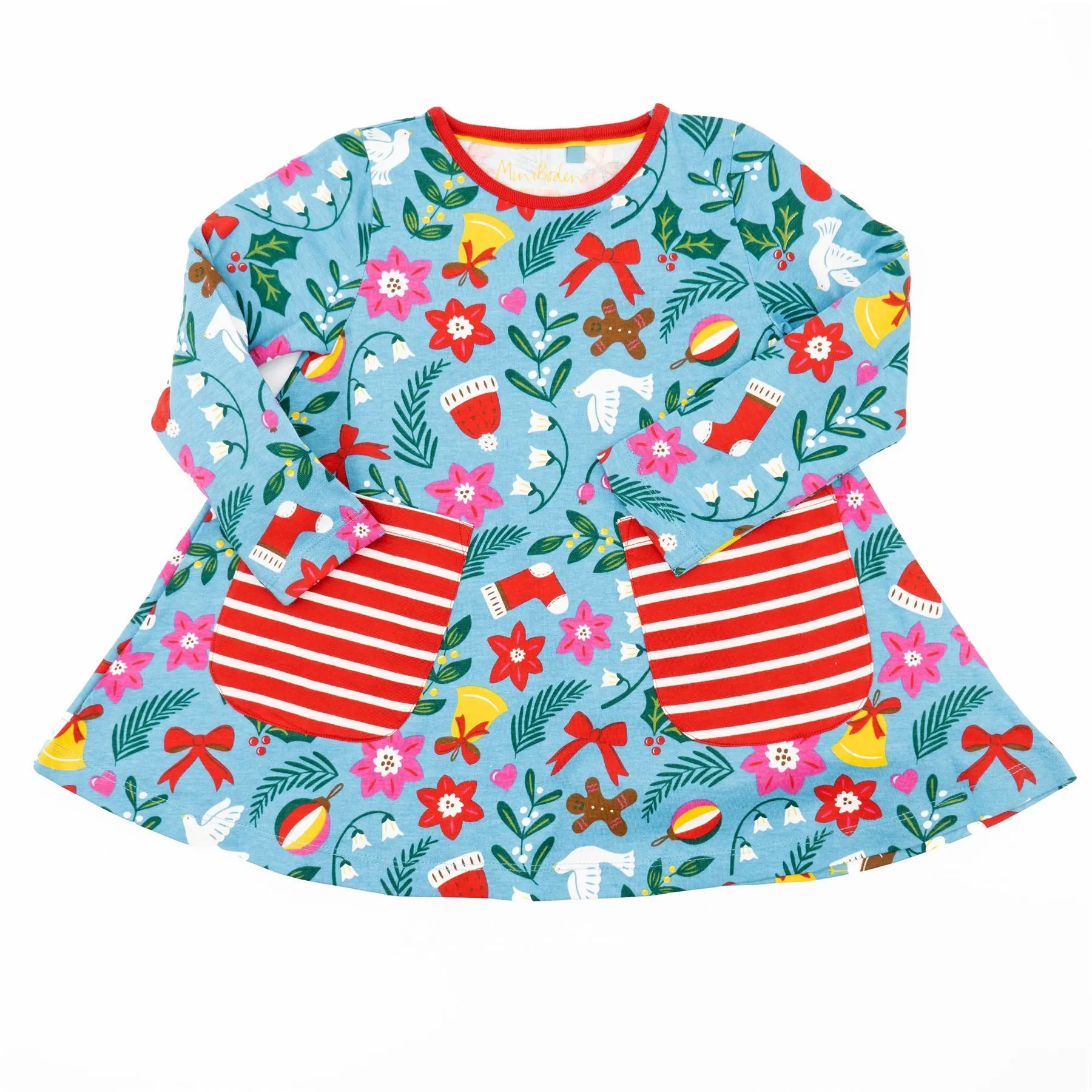 Mini Boden Girls Blue Floral Print Long Sleeve Jersey Dresses