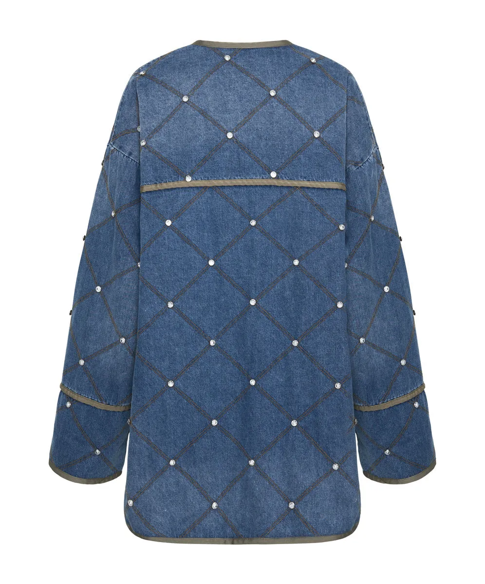 Quilted Crystal Studded Denim Jacket - Bay Blue