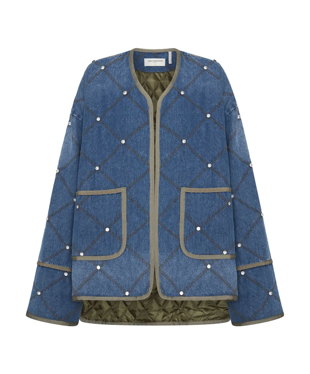 Quilted Crystal Studded Denim Jacket - Bay Blue