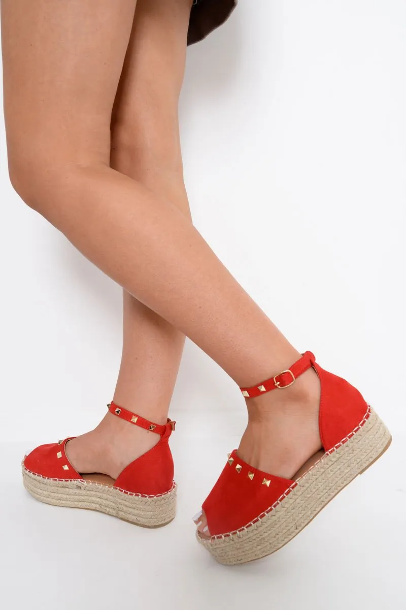 Red Faux Suede Studded Flatforms - Adabelle