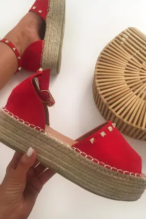 Red Faux Suede Studded Flatforms - Adabelle