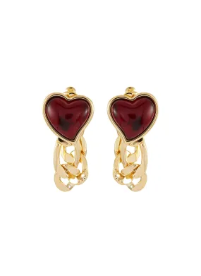 RED HEART STUD GOLD CHAIN EARRING